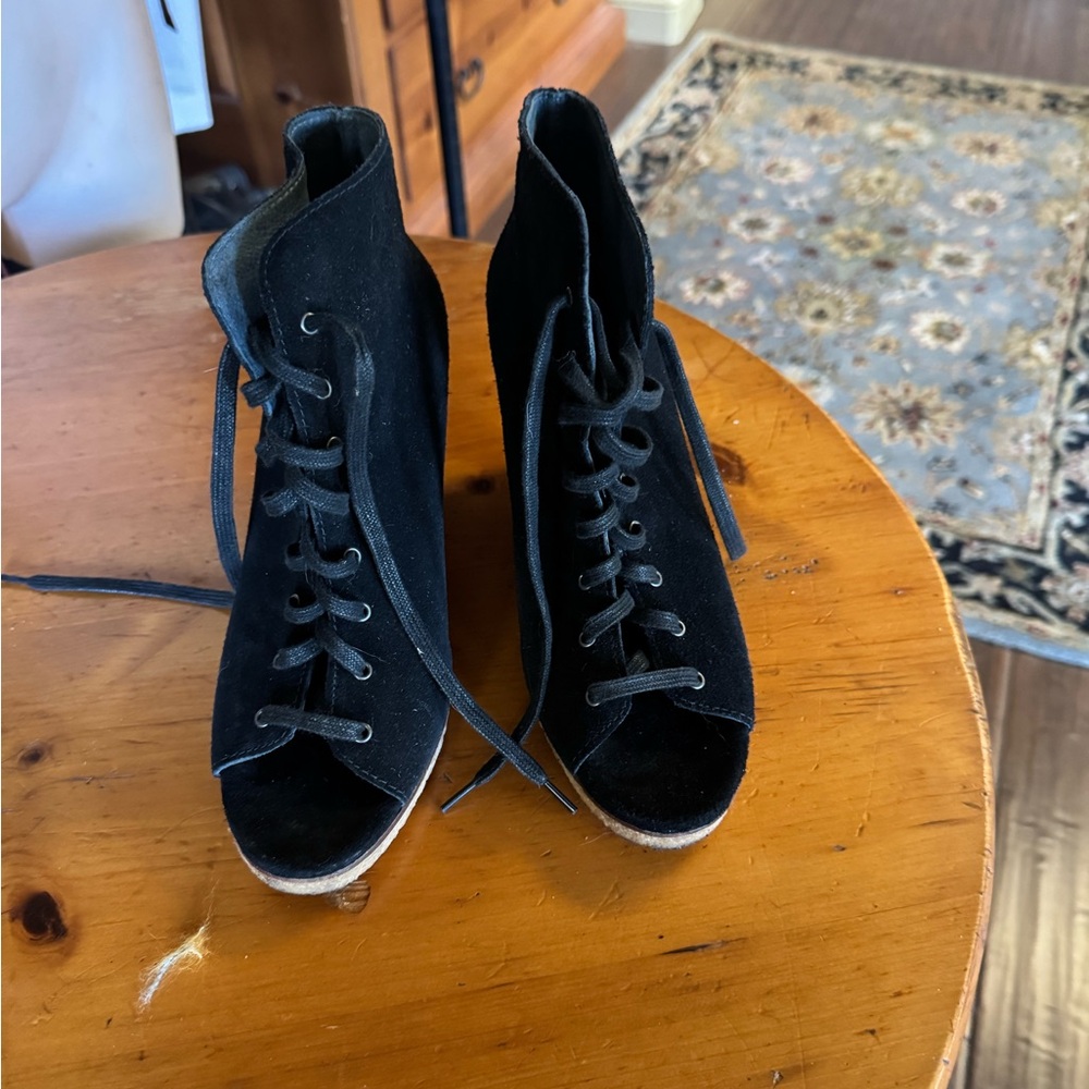 Black Suede Open Toe Booties Size: 7.5